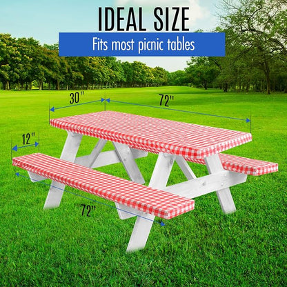 LINPRO Premium Picnic Table Cover with Bench Covers Vinyl Fitted Picnic Table Covers with Elastic RV Camping Accessories and Camper Must Haves Waterproof (Red Gingham, 72 x 30 (6ft) with skewers