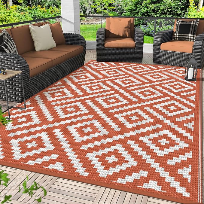 GENIMO Outdoor Rug, Waterproof Plastic Rugs for Patio, 6'x9' Orange White | Outside Larger Modern Carpet Mat for Porch Decor, Deck, Balcony, Camping, RV, Backyard, Picnic, Beach, Reversible, Foldable