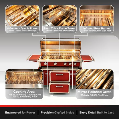 NG 4 Cast Burners Outdoor Kitchen Grill Island, 99,000 BTU, Red Painting