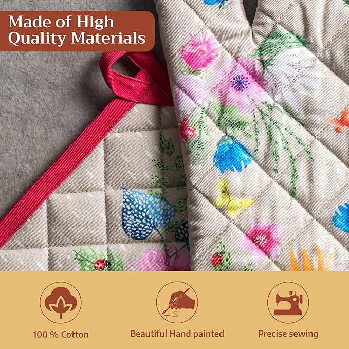 Maison d' Hermine 100% Cotton Oven Mitt & Pot Holder Set (7.5"x13" & 8"x8") Heat Resistant BBQ Cooking Gloves with Loop Baking Grilling Kitchen Hotel Home Farmhouse Spring Summer (Jardin D'Ete - Fog)