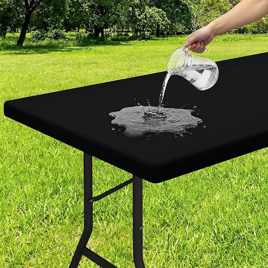 Smiry Rectangle Tablecloth, Elastic Fitted Flannel Backed Vinyl Tablecloths for 6ft Folding Tables, Waterproof Wipeable Table Covers for Indoor, Outdoor, Picnic and Camping (Black, 36"x72")