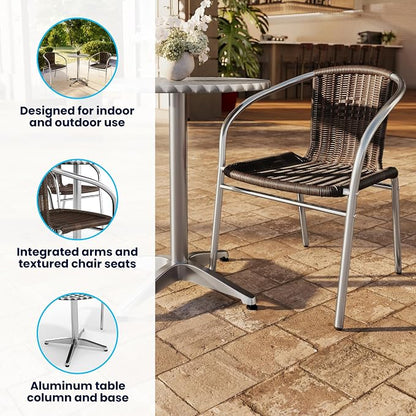 Flash Furniture Lila 31.5'' Round Aluminum Indoor-Outdoor Table Set with 2 Dark Brown Rattan Chairs | Aluminum Tabletop, Indoor/Outdoor