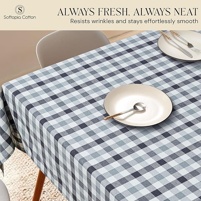 Light and Dark Grey with Natural Plaid Gingham Check Tablecloth, 52x70 Inches, 100% Cotton, Washable, Reusable Farmhouse Table Linen for Holiday, Weddings, Everyday Dining Table Cover