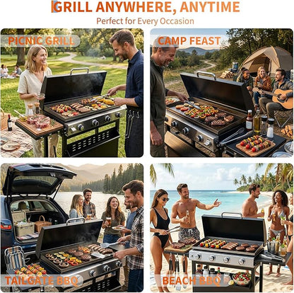 Garvee 4 Burner Propane Gas Griddle with Removable Cart – Convertible Flat Top Grill with Hood, 32,000 BTU Portable Griddle for Camping, Tailgating, Backyard – Black