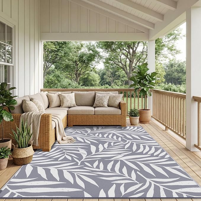 Smiry Outdoor Rug 8x10 ft Waterproof Reversible Leaf Mat, Grey & White | Polypropylene Plastic Straw, Quick Drying, Lightweight Foldable, for Patio, Deck, RV Camping, Backyard and Indoor Outdoor Use