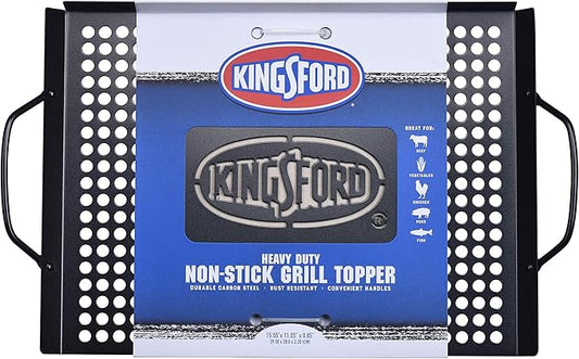 Kingsford Non-Stick Grill Topper Pan, Heavy Duty Carbon Steel BBQ Grilling Tray with Handles, Perforated Surface Helps Keep Small Foods from Falling Through Grates, 15.55 x 11.05 Inch