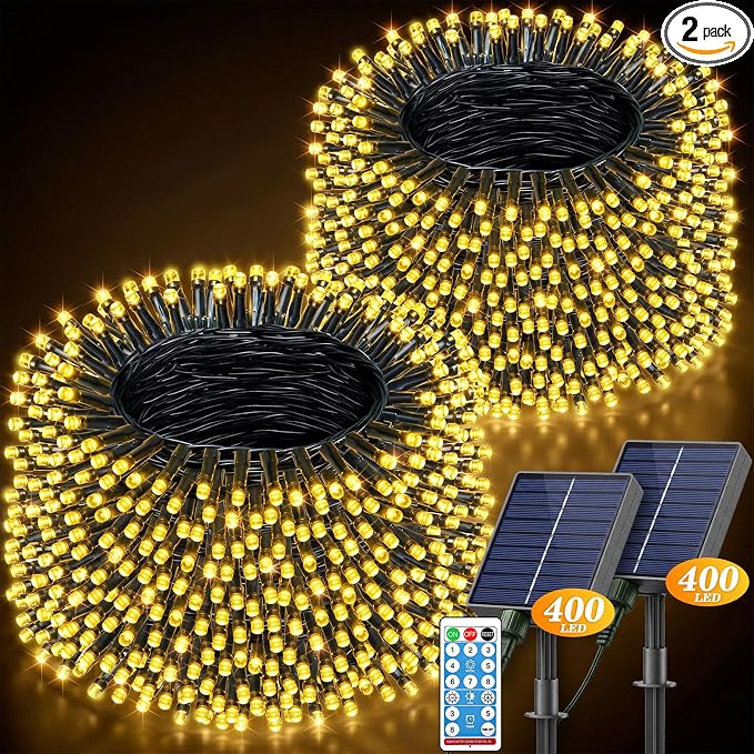 LitHome 2 Pack Upgraded Solar String Lights Outdoor, Total 800LED 262FT | Solar & USB Powered Christmas Lights with Remote,8 Mode Waterproof String Light for Patio Garden Yard Tree Decor,Warm White