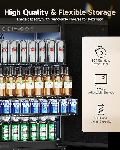 24 Inch Beverage Refrigerator, 181 Cans Under Counter Refrigerator, Outdoor Fridge with Stainless Steel Door, for Soda/Water/Beer, Outdoor Refrigerator for Patio/Outdoor Kitchen/Bar/Office (Black)