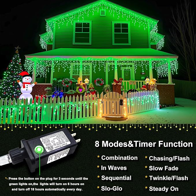 Icicle Lights for Outside 33FT 400 LED Green Christmas Lights | Connectable Icicle Christmas Lights Outdoor Waterproof 8 Modes Plug in for House Party Halloween Decoration