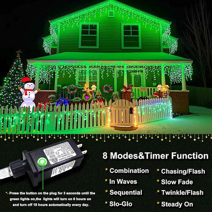 Icicle Lights for Outside 33FT 400 LED Green Christmas Lights | Connectable Icicle Christmas Lights Outdoor Waterproof 8 Modes Plug in for House Party Halloween Decoration