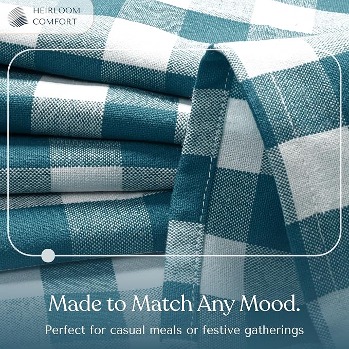 Gingham Tablecloth, 52x70 Inch, 100% Cotton, Classic Check Table Cover, Durable & Washable for Farmhouse Kitchen, Picnics, Dining Table, Everyday Use, Teal Green and White