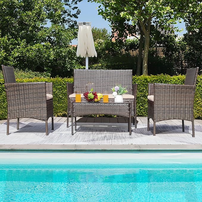 Greesum Patio Furniture 4 Pieces Conversation Sets Outdoor Wicker Rattan Chairs Garden Backyard Balcony Porch Poolside loveseat with Soft Cushion and Glass Table, Brown and Beige