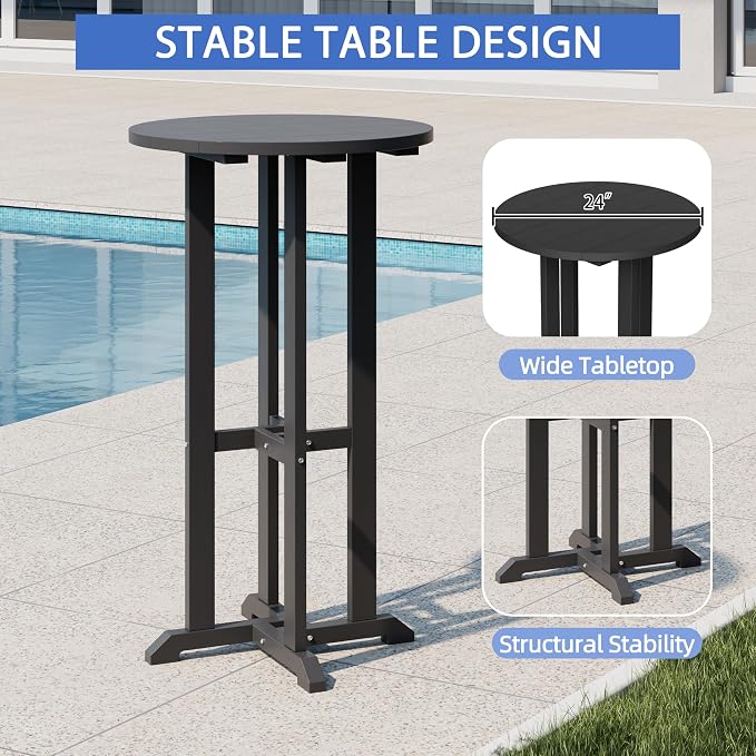 Shintenchi 3 Pieces Outdoor High Top Bar Set, 1 Patio High Top Round Table and 2 Bar Height Tall Adirondack Chair, All-Weather Outdoor Bistro Bar Set for Balcony Pool Deck, Black