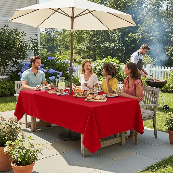 LUSHVIDA Rectangle Outdoor Tablecloth with Umbrella Hole and Zipper, 60x102 Inch Red, Washable Waterproof Table Cloth Spill Proof Wrinkle Free Table Cover for Patio Spring Summer Picnic BBQS