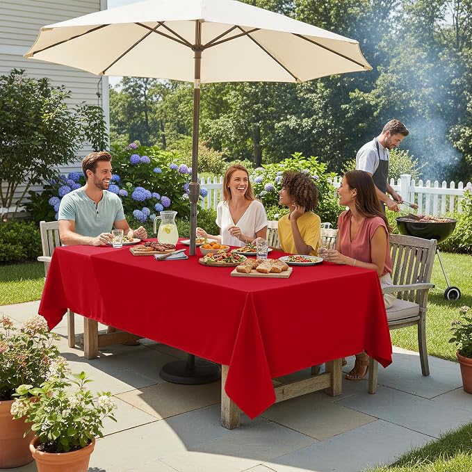 LUSHVIDA Rectangle Outdoor Tablecloth with Umbrella Hole and Zipper, 52x70 Inch Red, Washable Waterproof Table Cloth Spill Proof Wrinkle Free Table Cover for Patio Spring Summer Picnic BBQS