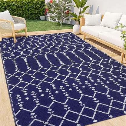 Smiry Outdoor Rug 8x10 ft Waterproof Reversible Boho Mat, Navy | Polypropylene Plastic Straw, Quick Drying, Lightweight Foldable, for Patio, Deck, RV Camping, Backyard and Indoor Outdoor Use