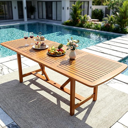 Acacia Extendable Dining Table 63”-95" L for 6-8 Seats, Outdoor Rectangular Table with 2" Umbrella Hole for Garden, Balcony, Poolside & Patio, UV Resistant & Slat Design, Easy Setup - Natural