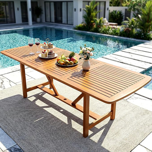 Acacia Extendable Dining Table 63”-95" L for 6-8 Seats, Outdoor Rectangular Table with 2" Umbrella Hole for Garden, Balcony, Poolside & Patio, UV Resistant & Slat Design, Easy Setup - Natural