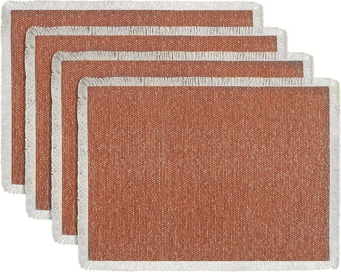 Hausattire Cotton Frayed Placemats Set of 4 Dining Table 13x19 Inch | Rustic Harvest Boho Washable Easter Placemat for Outdoor Parties BBQ's Wedding, Special Occasions, Nubby Cotton - Rust