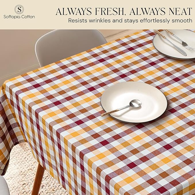 Gingham Check Tablecloth, 60"x84", 100% Cotton, Washable, Reusable Everyday Dining Table Linen Cover for Holidays, Parties, Burgundy Wine - Brown - Mustard Yellow & Natural Plaid