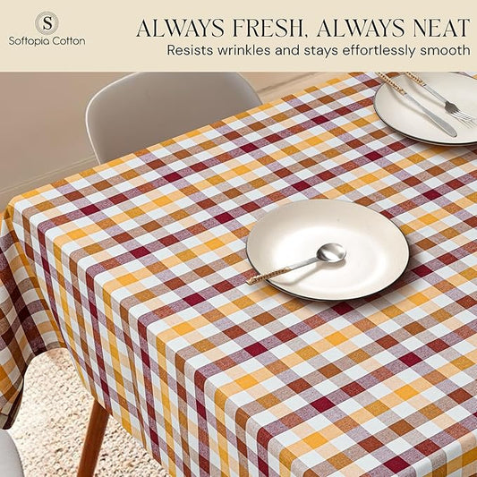 Gingham Check Tablecloth, 52"x70", 100% Cotton, Washable, Reusable Everyday Dining Table Linen Cover for Holidays, Parties, Burgundy Wine - Brown - Mustard Yellow & Natural Plaid