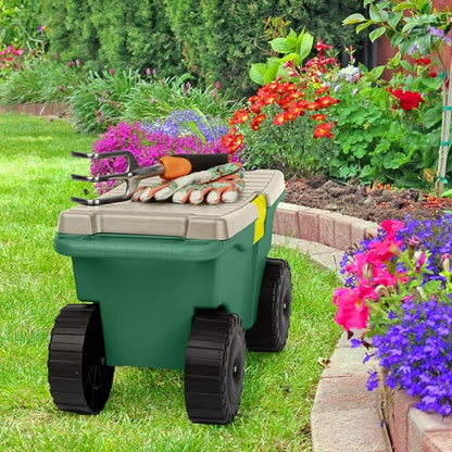 Rolling Garden Cart with Seat - Plastic Storage with Bench and Interior Tool Tray - Gardening Stool for Weeding and Planting By Pure Garden (Green) | Plastic Storage with Bench and Interior Tool Tray - Gardening Stool for Weeding and Planting