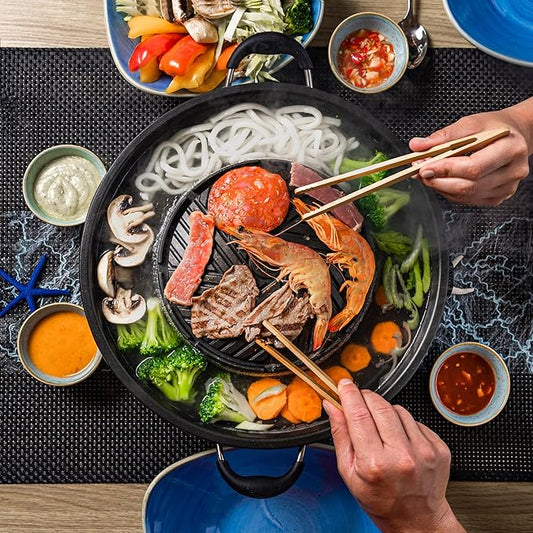 TomYang Korean Bbq Grill Pan, 13 inch, Camping Pan, Stove Top Non-stick Coating, More than 100 Recipe Videos, KBBQ pan, 4 x Bamboo tongs, Dishwasher, Grill Pan, Korean food