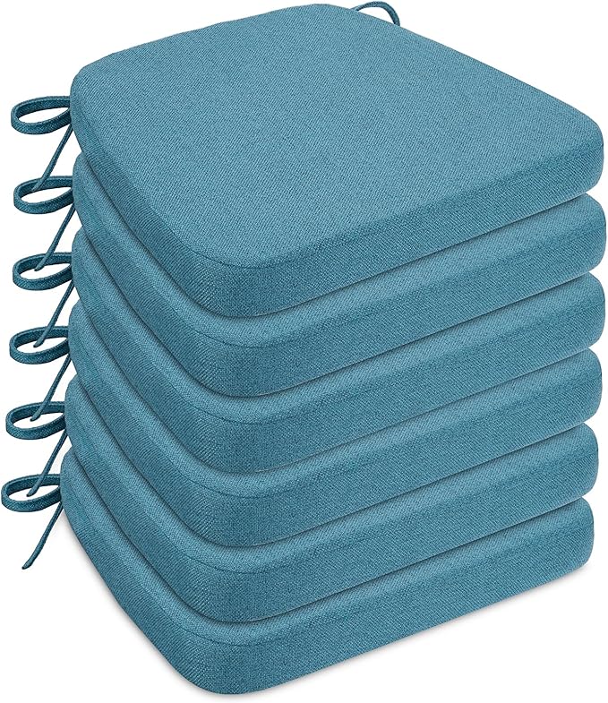 Sunsleek Chair Cushions for Dining Chairs, D-Shaped Seat Cushions with Removable Washable Cover and Ties, Chair Pads for Kitchen, Indoor Dining Room, Patio Chairs, 17'' x 16'', Set of 6, Blue