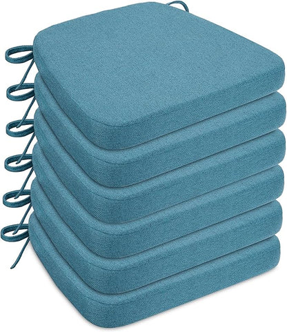 Sunsleek Chair Cushions for Dining Chairs, D-Shaped Seat Cushions with Removable Washable Cover and Ties, Chair Pads for Kitchen, Indoor Dining Room, Patio Chairs, 17'' x 16'', Set of 6, Blue