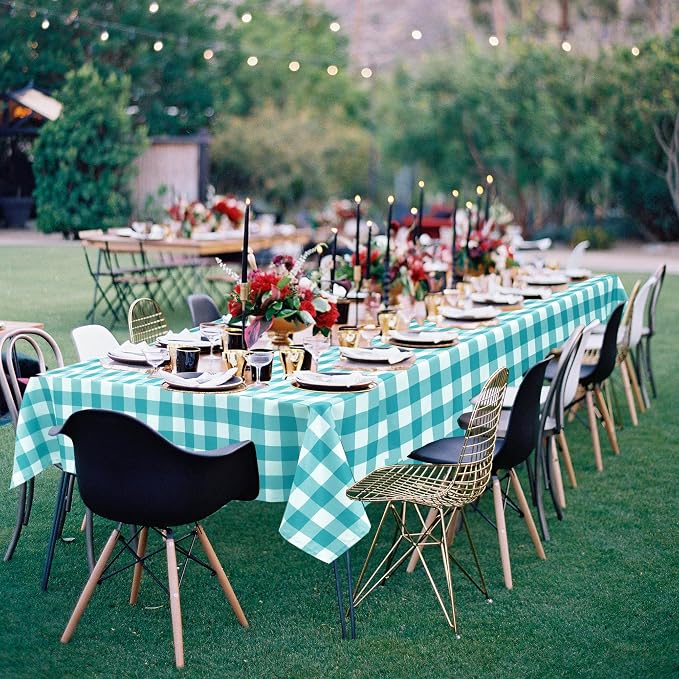 Hiasan Plaid Tablecloth Waterproof, 2 Pack, 54 x 80 inch - Checkered Table Cloth Rectangle for Spring Party/Outdoor Picnic/Kitchen Dining, Turquoise and White