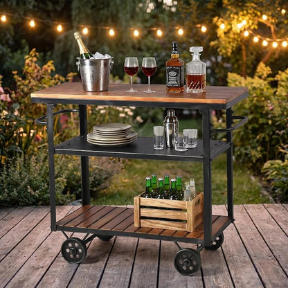 Industrial 3 Tier Rolling Utility Storage Cart Wine Beverage, Metal Wine Rack with Wheels Kitchen Bar Dining Room Tea Wine, Storage Cart with Wood