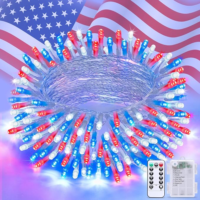 JMEXSUSS 33ft 100 LED Red White and Blue Lights Outdoor, Battery Operated | 4th of July Lights with Remote, 8 Modes Patriotic Decorations for Indoor Outside Independence Day American Flag Holiday