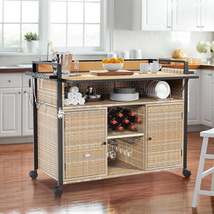 YITAHOME XL Outdoor Kitchen Wicker Island Rolling Cart Bar Table & Storage | Wheels and Plastic Wood Extended Table Top, Double Handle for Patio Kitchen or Bar Cart,Light Yellow Gradient
