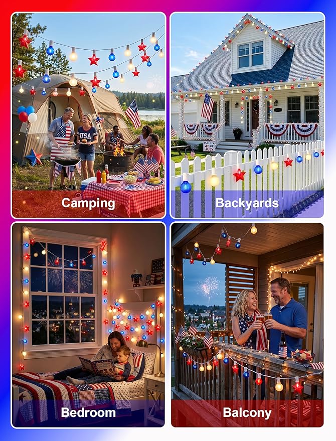19Ft 4th of July Lights Outdoor, Waterproof Red White and Blue String Lights Plug in Connectable for Patriotic Porch Bistro Backyard Party Independence Day Decorations, E12/C7 Base Lights