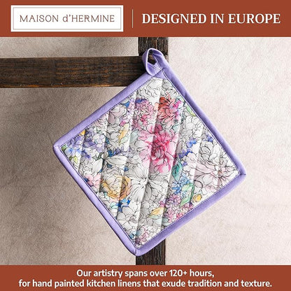 Maison d' Hermine Pot Holders 100% Cotton Heat Resistant Potholders 8" x 8" Hot Pads with Loop BBQ Cooking Baking Hotel Farmhouse Kitchen Handling Hot Pans Spring Summer (Pack of 1, Floral Love)