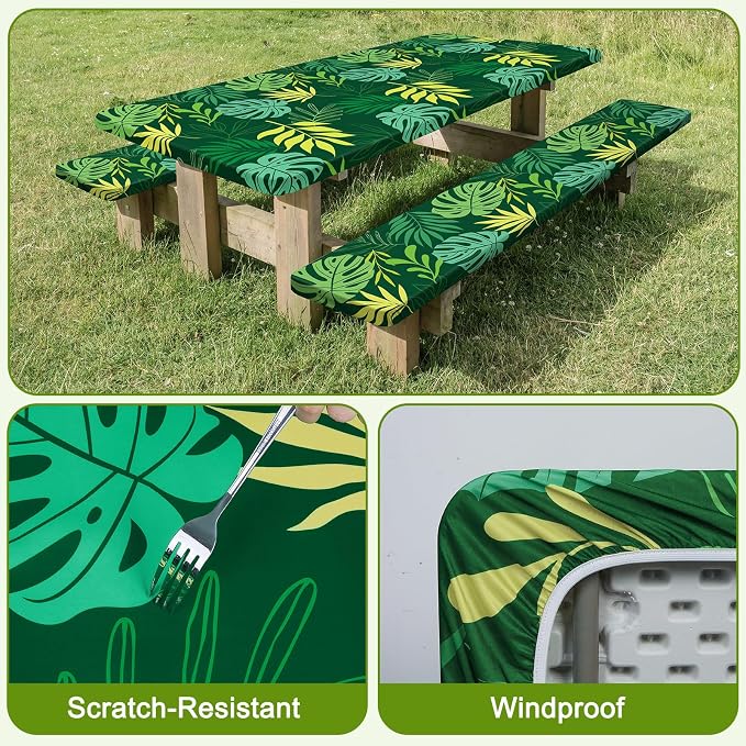 Picnic Table Cover with Bench Covers Windproof Waterproof Picnic Table Covers Camping Tablecloth with Self-Storage Bag, 72in, Green