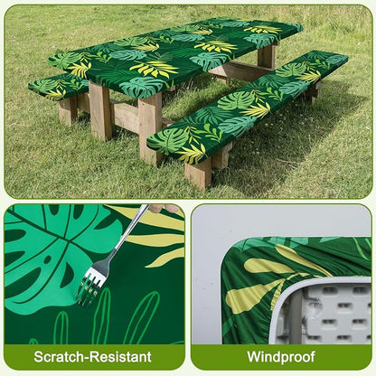 Picnic Table Cover with Bench Covers Windproof Waterproof Picnic Table Covers Camping Tablecloth with Self-Storage Bag, 72in, Green