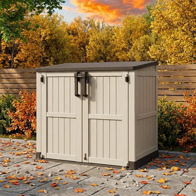 Outdoor Horizontal Resin Storage Box 36 Cu Ft with Lockable Doors, Portable Outdoor Storage Shed -Waterproof Outdoor Storage Cabinet for Garden Brown-Beige