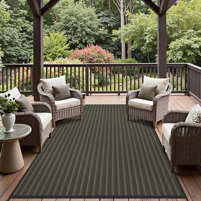 GENIMO Outdoor Rug, Waterproof Plastic Rugs for Patio, 6'x9' Ebony Brown | Outside Larger Modern Carpet Mat for Porch Decor, Deck, Balcony, Camping, RV, Backyard, Picnic, Beach, Reversible, Foldable