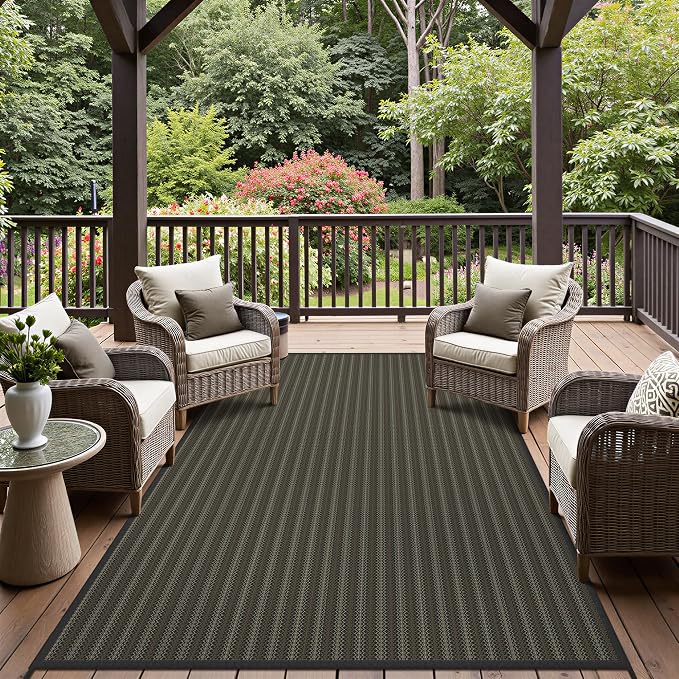GENIMO Outdoor Rug, Waterproof Plastic Rugs for Patio, 9'x12' Ebony Brown | Outside Larger Modern Carpet Mat for Porch Decor, Deck, Balcony, Camping, RV, Backyard, Picnic, Beach, Reversible, Foldable