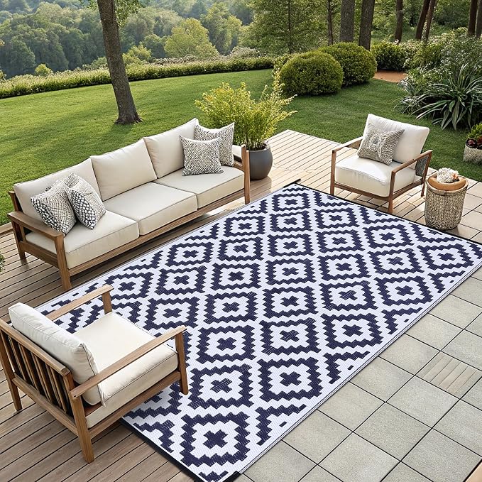 Smiry Outdoor Rug 9x12 ft Waterproof Reversible Boho Mat, White & Navy | Polypropylene Plastic Straw, Quick Drying, Lightweight Foldable, for Patio, Deck, RV Camping, Backyard and Indoor Outdoor Use