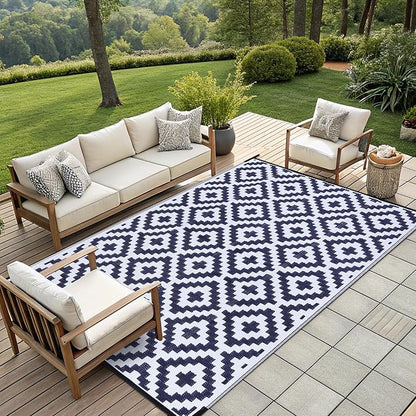 Smiry Outdoor Rug 9x12 ft Waterproof Reversible Boho Mat, White & Navy | Polypropylene Plastic Straw, Quick Drying, Lightweight Foldable, for Patio, Deck, RV Camping, Backyard and Indoor Outdoor Use