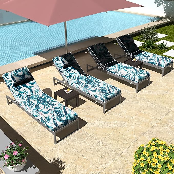 Chaise Lounge Cushions Outdoor Set of 2 Lounge Chair Cushion 72" L x 21" W with Headrest Straps 3'' Thick Waterproof Patio Chaise Cushions Pool Lounger Chair Cushion(Leaves & Flowers)