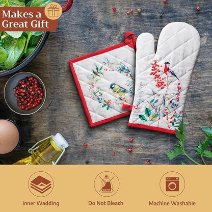 Maison d' Hermine Oven Gloves 100% Cotton Oven Mitt 7" x 13" with Loop Heat Resistant BBQ Cooking Gloves for Thanksgiving Christmas Decorations Baking Handling Hot Pans (Pack of 1, Morzine)