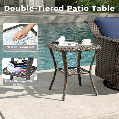 6 Pieces Patio Conversation Furniture Set - 1 Sofa, 2 Swivel Chairs, 2 Ottomans, 1 Side Table, Outdoor Wicker Furniture with Removable Cushions for Porch, Balcony, Sunroom (Blue)