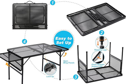 Large Folding Camping Table - Metal Mesh Grill Table with 2 Wing Panels | 2 Adjustable Heights | Large Picnic & Outdoor Table | Expandable Shelves, Lightweight (4.4 FT, Black)
