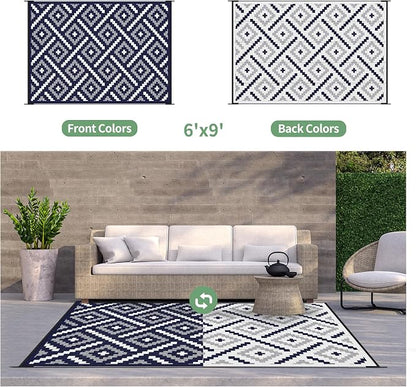 GENIMO Outdoor Rug, Waterproof Plastic Rugs for Patio, 6'x9' Navy Blue | Outside Larger Modern Carpet Mat for Porch Decor, Deck, Balcony, Camping, RV, Backyard, Picnic, Beach, Reversible, Foldable