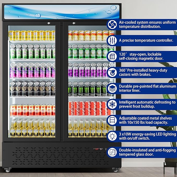 Beverage Cooler Commercial Refrigerator 40.3 Cu.Ft. Glass Door Display Refrigerator with LED Light, Shelves, Display 10 Commercial Beverage Refrigeratorfor Restaurant Cafe Bar Store (40.3 Cu.Ft.)