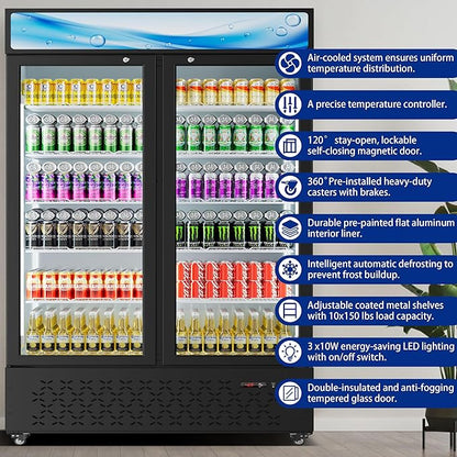Beverage Cooler Commercial Refrigerator 40.3 Cu.Ft. Glass Door Display Refrigerator with LED Light, Shelves, Display 10 Commercial Beverage Refrigeratorfor Restaurant Cafe Bar Store (40.3 Cu.Ft.)