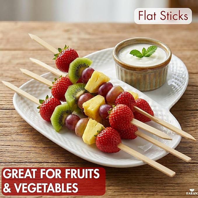 Hakan 9.8” Bamboo BBQ Skewers 200 Pcs | Flat Kabob Skewers for Grilling Meat, Vegetables & Fruit | Shish Kebob Food Sticks | Cocktail Picks, Strong Appetizer Sticks for Party & BBQ, (25 cm x 1 cm)